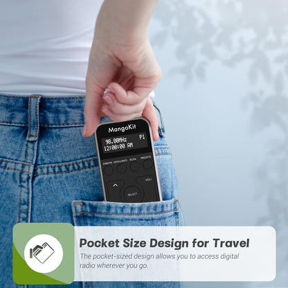 MangoKit MP1+ Portable Pocket DAB DAB+ Radio, Personal FM Radio with Headphones, Sports DAB Radio with Lockable Buttons, Rechargeable Battery, 20 Presets W/Display-Black & Silver.