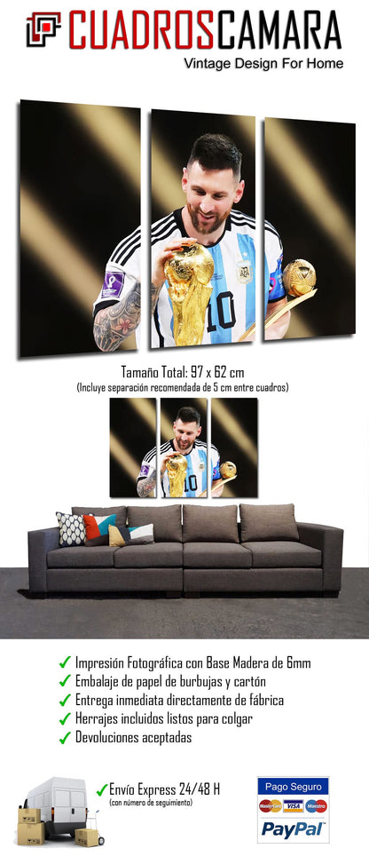 DKORARTE Modern photo canvas, soccer, World Cup, Lionel Messi, gold ball, 97 x 62 cm, Ref. 27402.
