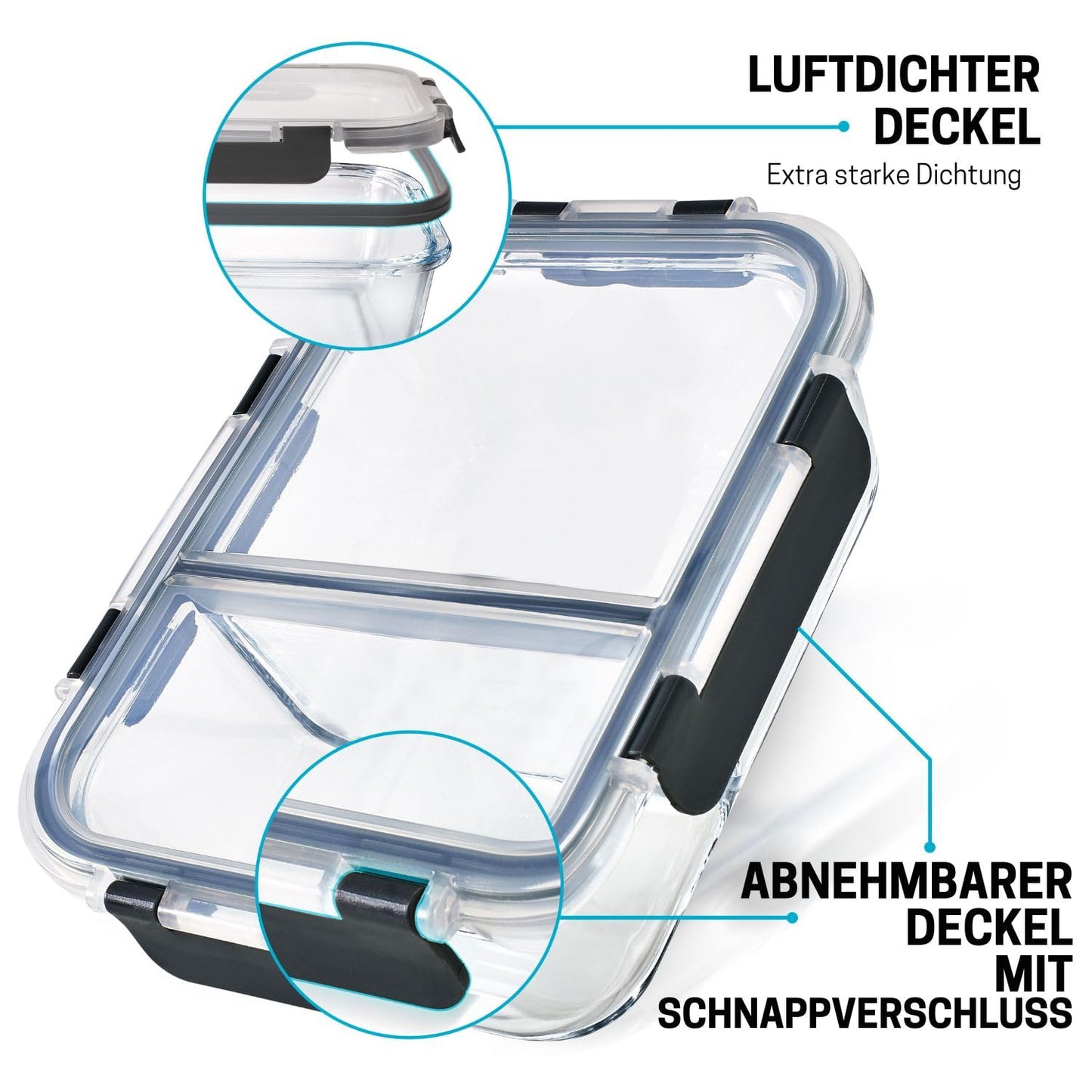 Igluu Meal Prep Glass Food Storage Containers with BPA-free lid (3-pack) - microwave, oven, freezer, dishwasher safe, leak-proof - 980 ml - with 2 compartments - durable borosilicate glass