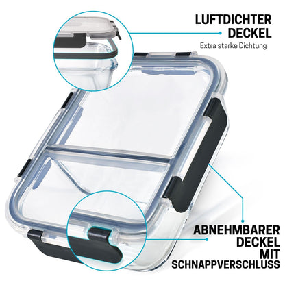 Igluu Meal Prep Glass Food Storage Containers with BPA-free lid (3-pack) - microwave, oven, freezer, dishwasher safe, leak-proof - 980 ml - with 2 compartments - durable borosilicate glass