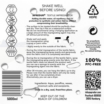 APREDUR 5L Tent PAVILION Camping Yurt Glamping Impregnation Spray Impregnating agent for synthetic and cotton fabrics Solvent and PFC-Free (5L canister)
