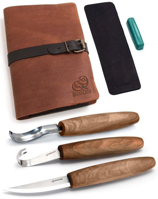 BeaverCraft Spoon Carving Tool Set S14x Carving Knife Set, Wood Carving Tools - Wood Carving Set with Carving Knife, Hook Knife, Chisel, Gouge, Leather Strop for Sharpening, Tool Roll