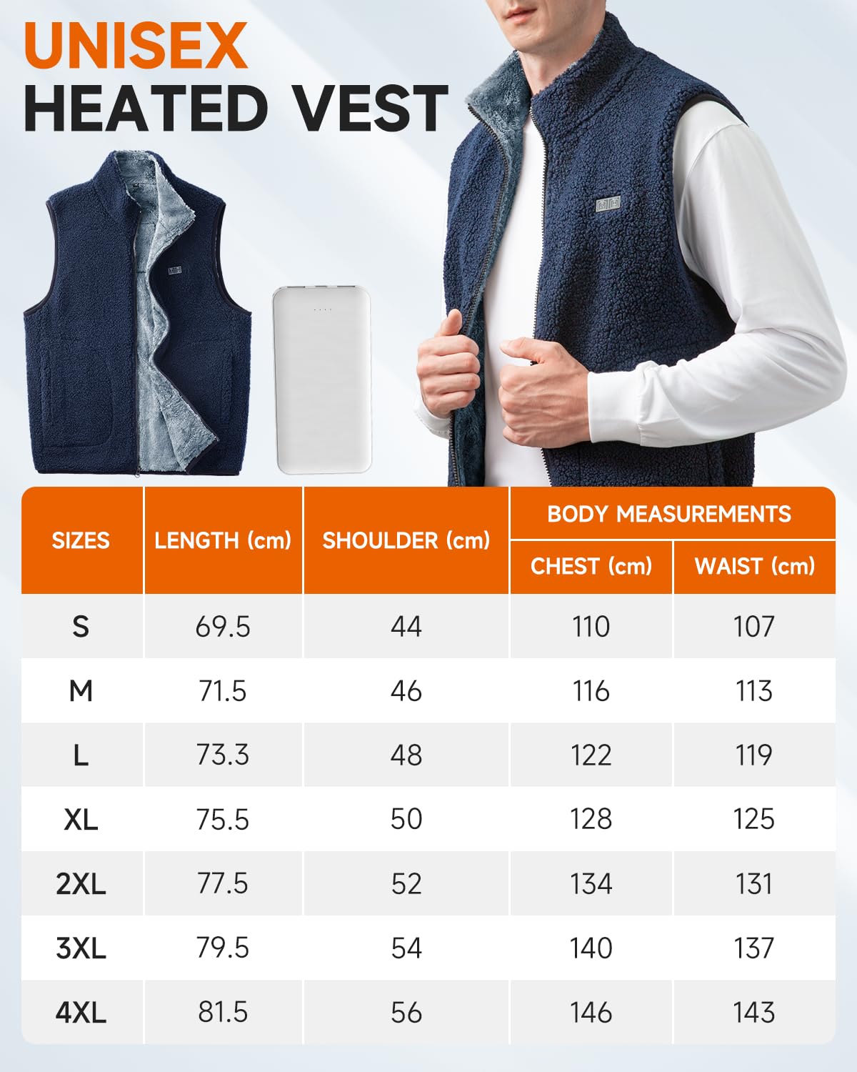 LABCOOL Heated Vest - Heated Vest for Men & Women - Made of soft fleece - USB heating with 10000mAh power bank - 6-zone heating with 3 temperature levels - machine washable