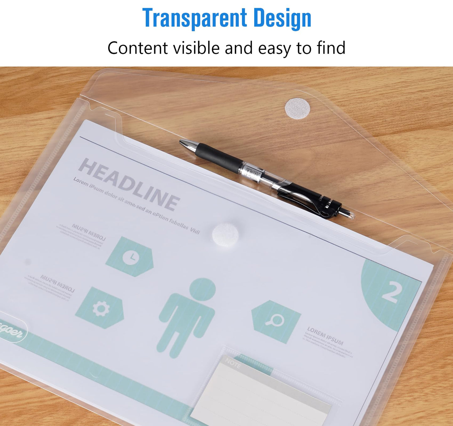 Agoer Velcro Closure Document Bag A4, 40 Pieces Transparent A4 Document Folder With Label Paper for Organizing Documents, A4 Document Bag for School, Home, Office