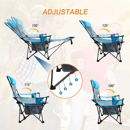 POEPORE camping chair with footrest 4-position adjustable beach chair recliner fishing chair adult camping chairs with cotton pad cushion drink holder armrest pockets Blue