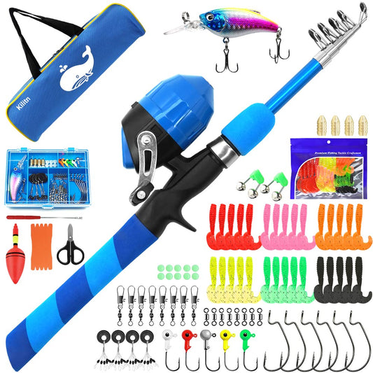 Kilitn Kids Fishing Gear - 86 pieces, telescopic fishing rod and spincast fishing reel complete set with tackle box and carrying case for boys, girls, youth, beginners (1.8M 5.91FT)