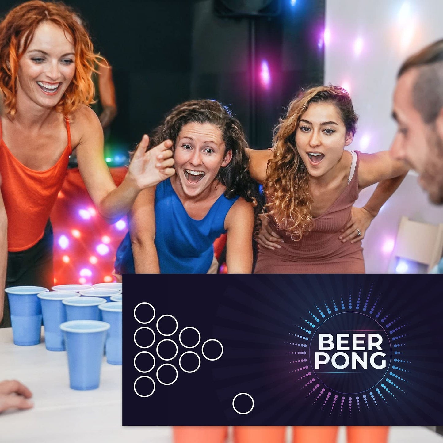 Beer Pong Set I 180 x 60 cm I Game mat with Electro Design I Incl. 22 party cups and 6 ping pong balls I Drinking game I Party games and birthday I Reusable and wipeable I dv819