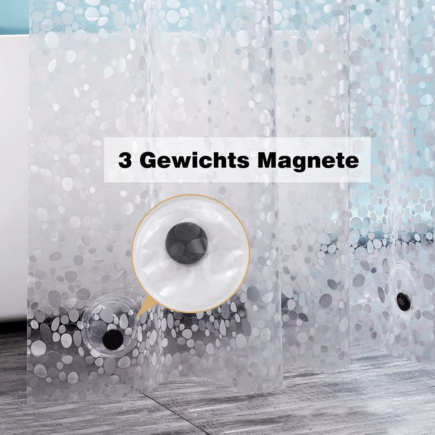 EurCross Anti-mold Shower Curtain 180x200 with 3 Stronger Magnets at the Bottom, Transparent with 3D Pebbles Pattern, Waterproof Eva Plastic Shower Curtain for Bathtub with 12 Rings.