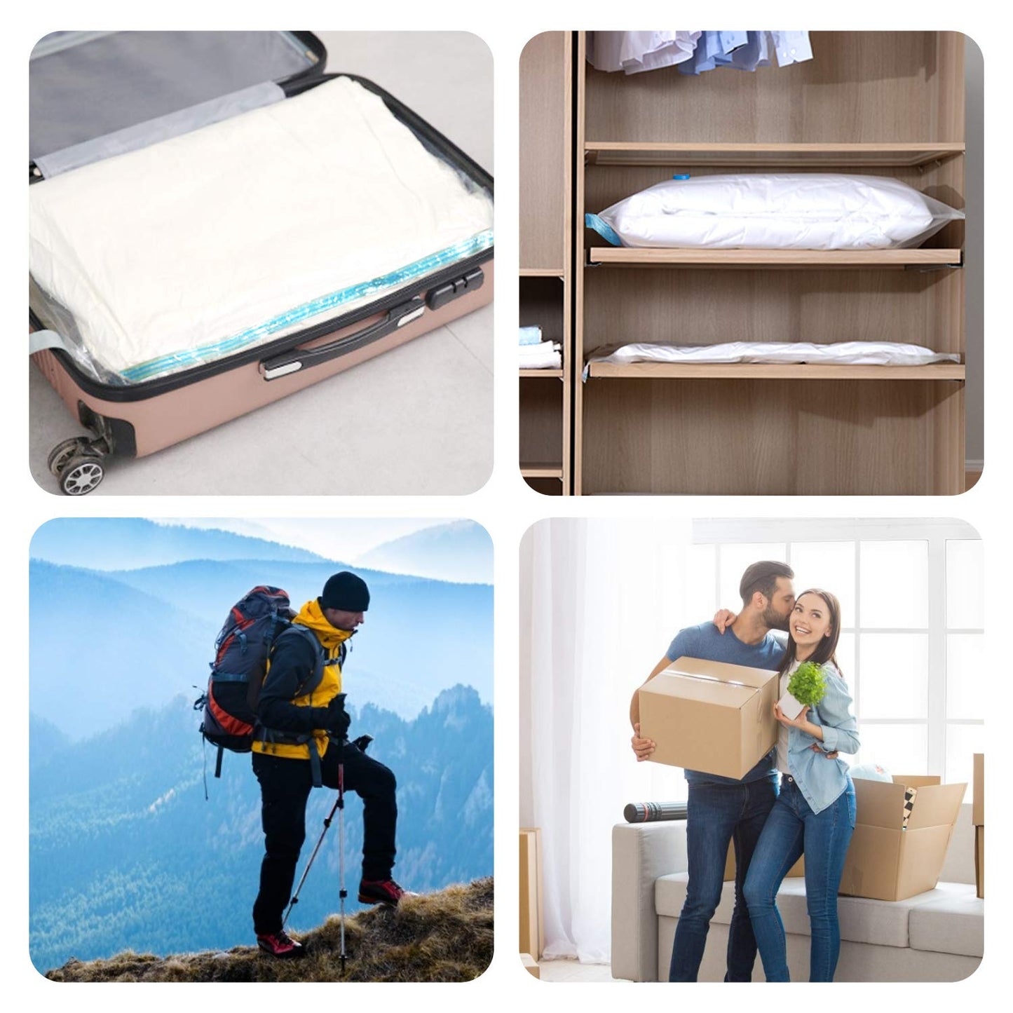 Vacuum storage bags for clothing and comforters, 20 pieces in 5 sizes (100x80, 80x60, 70x50, 60x40, and 60x40cm for travel) with a vacuum hand pump.