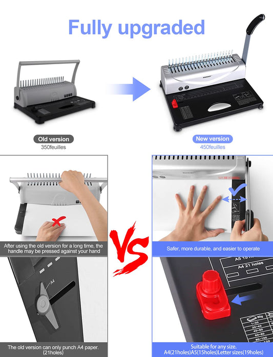 MAKEASY Binding Machine, 21 holes, binds 450 sheets, 12 sheet punching capacity, with starter kit of 100 pieces PVC binding spines, perfect for daily office documents.