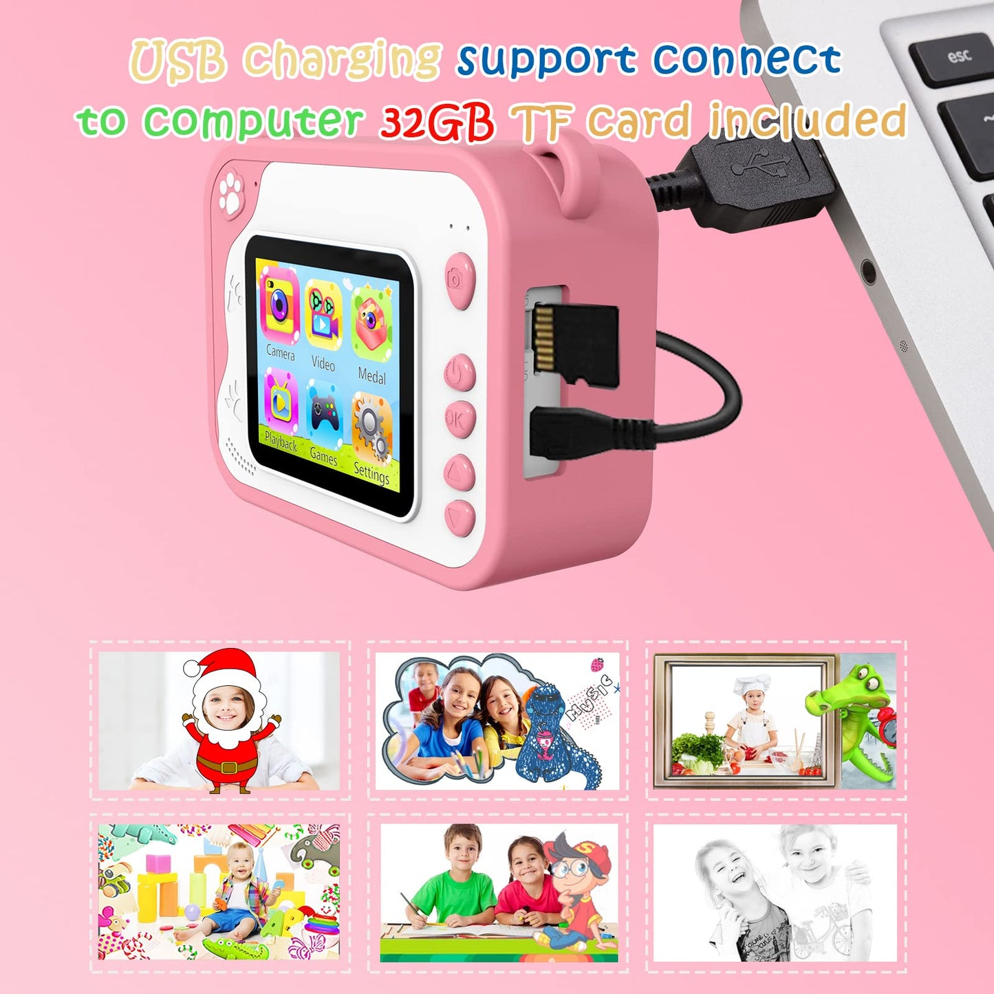 Children's camera, digital camera, instant print camera, 1080P, 2.4-inch screen, video camera, black and white film camera with 32GB card, 3 rolls of printing paper, 5 colored brush pens. A gift for children aged 3-12 years.