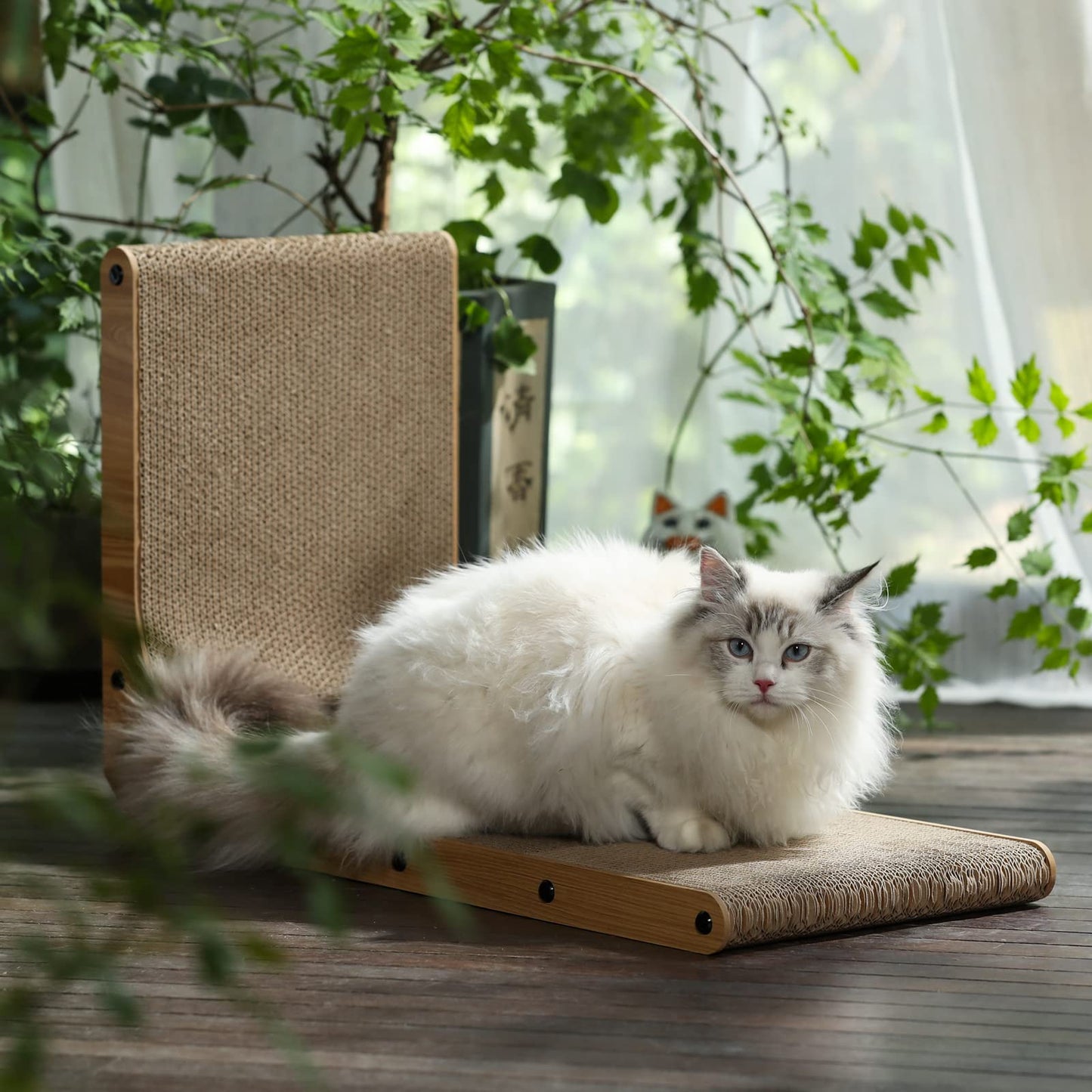 FUKUMARU Cat Scratching Board, 68 cm tall L-shaped cardboard scratch pad for cats, durable cat scratching board with ball toy, premium cardboard cat scratcher for wall and corner, large size.