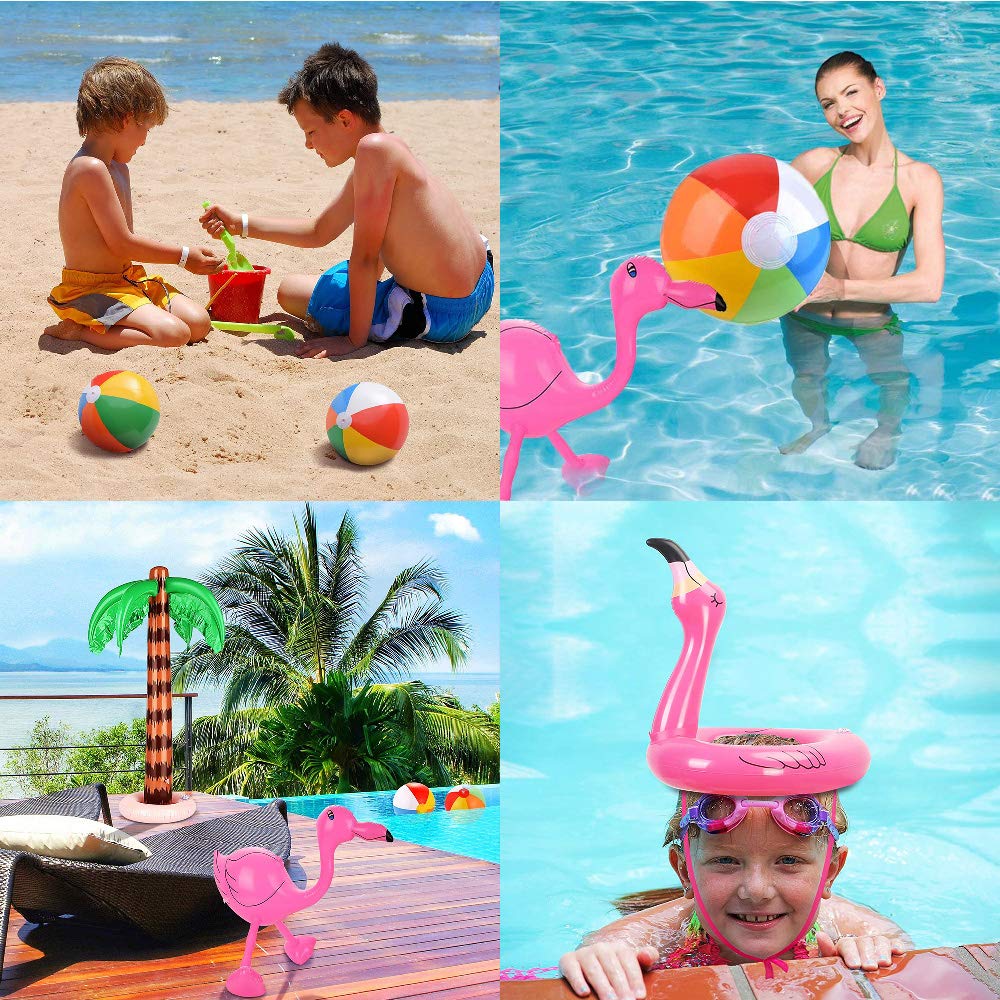 Evance 14 Pieces Inflatable Palm Tree Flamingo Toys Inflatable Banana Beach Balls Flying Parrot Shark with Ring Toss Game Inflatable Flamingo Toss Game Pool Toy (14 PCS)
