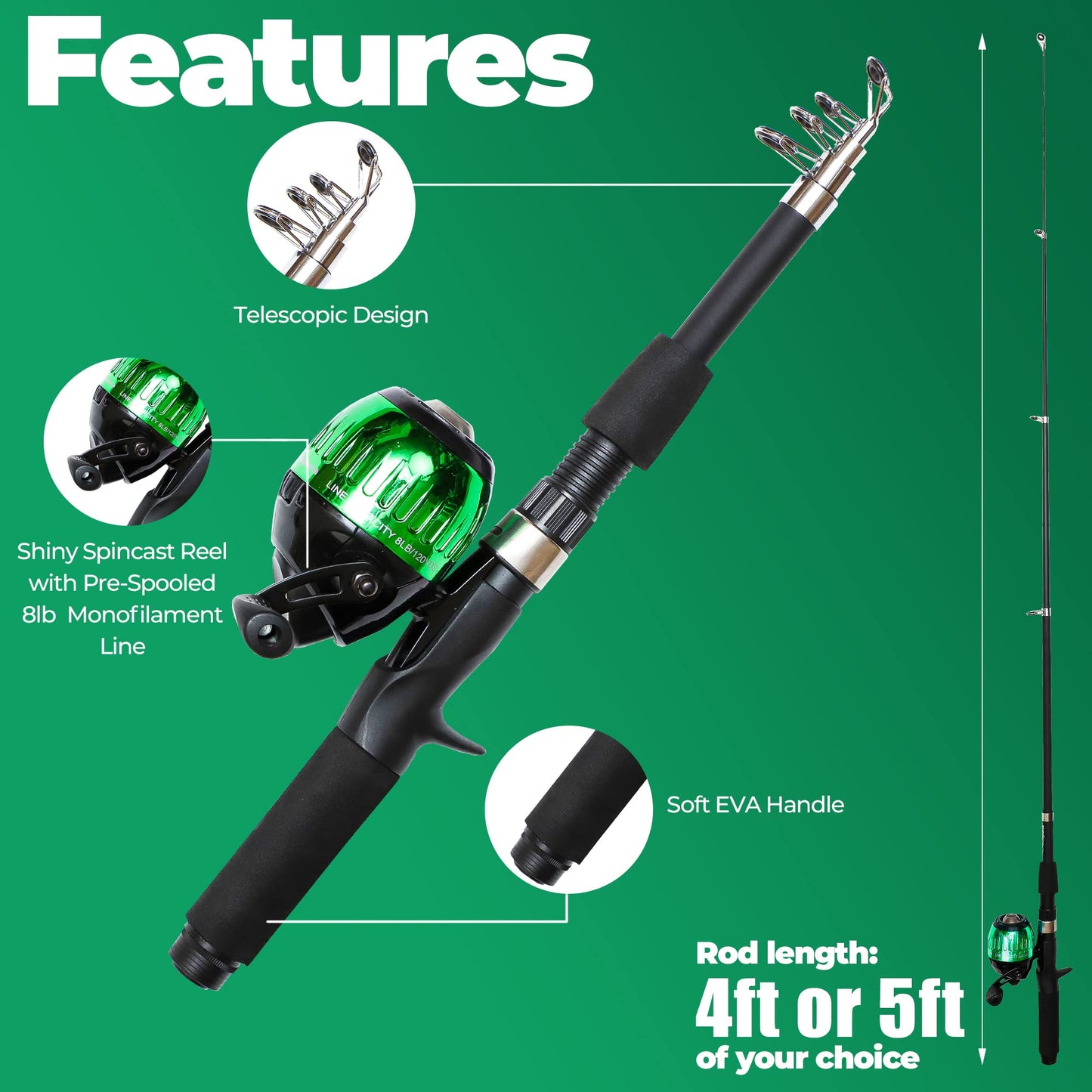 DaddyGoFish Kids Fishing Kit - Telescopic Rod & Reel Combo with Folding Chair, Rod Holder, Tackle Box, Bait Net, and Carry Bag for Boys and Girls - Green, 5ft