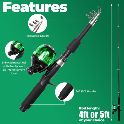 DaddyGoFish Kids Fishing Kit - Telescopic Rod & Reel Combo with Folding Chair, Rod Holder, Tackle Box, Bait Net, and Carry Bag for Boys and Girls - Green, 5ft