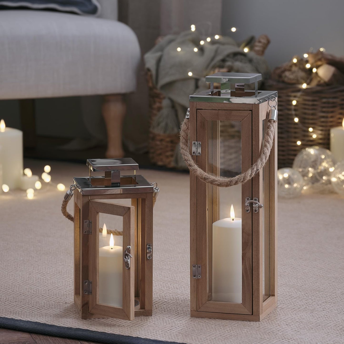 Lights4fun Salcombe wooden lantern with LED candle battery operated timer real wood lantern indoor with timer lighting wind light patio balcony 34 cm