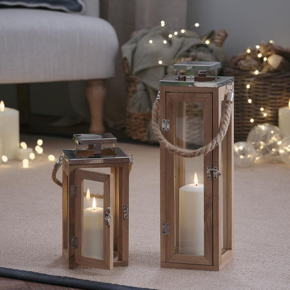 Lights4fun Salcombe wooden lantern with LED candle battery operated timer real wood lantern indoor with timer lighting wind light patio balcony 34 cm
