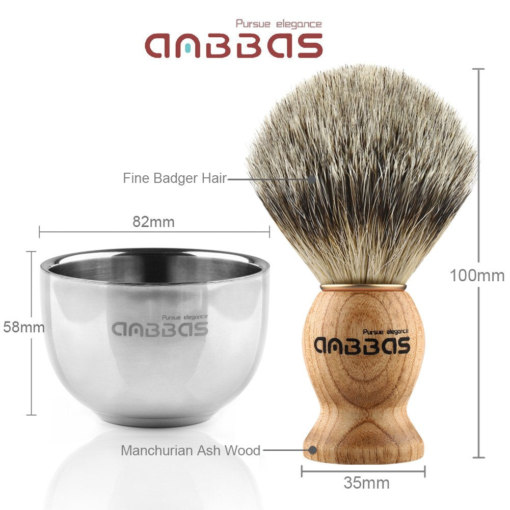 Anbbas men's gift set includes a pure badger hair shaving brush, badger shaving soap, and an acrylic shaving stand with bowl.