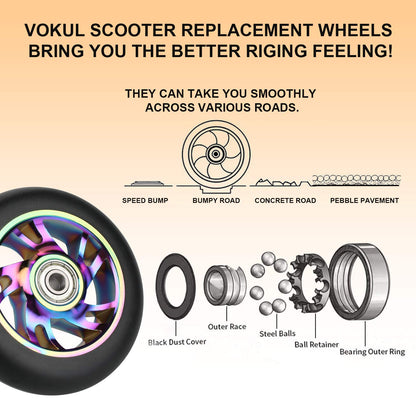 VOKUL 100mm Scooter Replacement Wheels Pro Scooter Neo Wheels - with ABEC-9 Bearings, 100 x 24mm Tire Kick Roller Wheels - Compatible with Apollo/Cox/Fuzion and most Freestyle Scooters, Pair