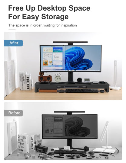Meantty 3-in-1 Dual Monitor Riser with 2 drawers, wireless charging pad & 4 USB ports - metal screen stand for computer, laptop & accessories, supports charging & data transfer.