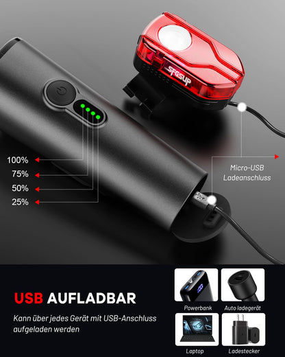 SFGSUP LED Bike Light Set, StVZO Approved Front & Rear Bike Lights, Bike Light Set USB Rechargeable, IPX5 Waterproof Bike Lamp