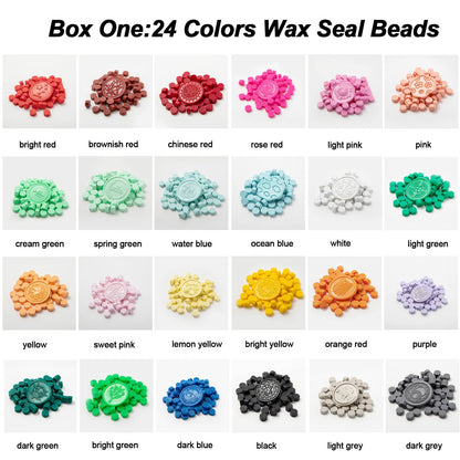 Improved wax seal set, wax seal stamp set with gift box, 48 colors 1200 pieces seal wax beads, 4 pieces wax seal stamps, seal wax warmer, envelopes, candles, metal pen.