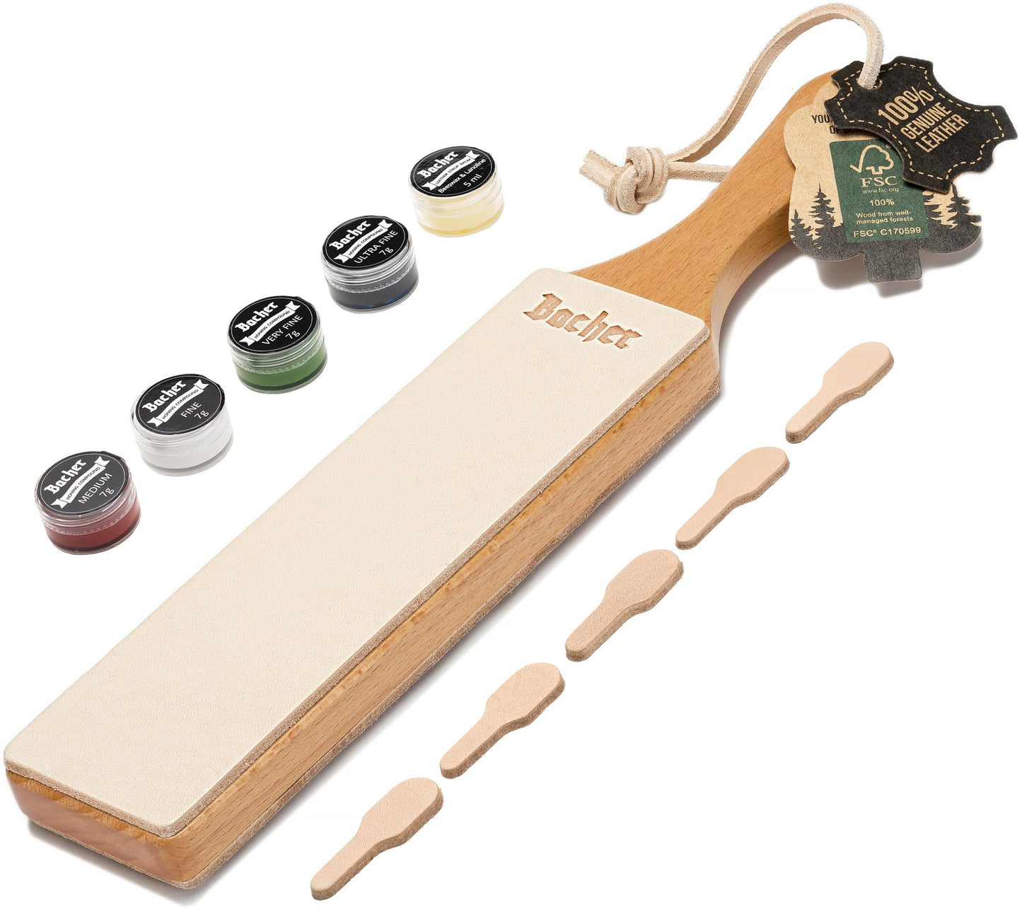 Bacher Premium Leather Strop Sharpening Tool for knives set with 4 x 7g polishing paste. Hardwood paddle handle, covered with 1/8" thick, bark-tanned cowhide.