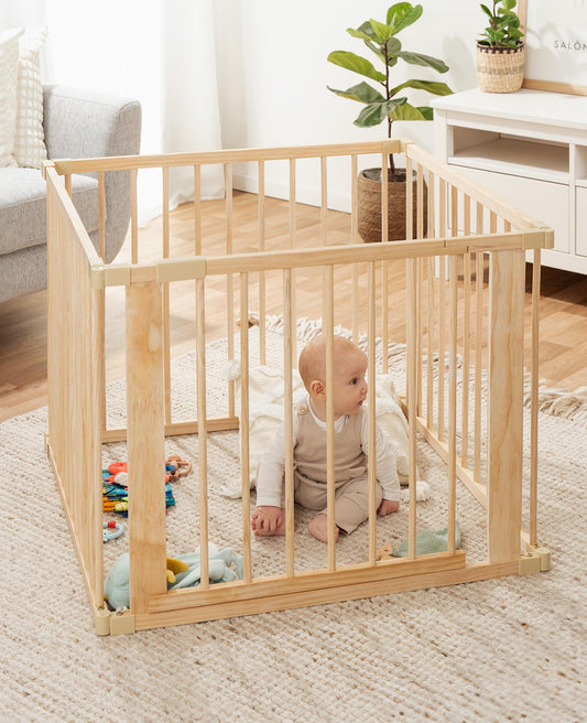 dibea playpen for baby & toddler, sustainable playpen made of light spruce wood with door, 4 elements each 90x68 cm, solid barrier gate protects during crawling & walking attempts, secure safety gate.