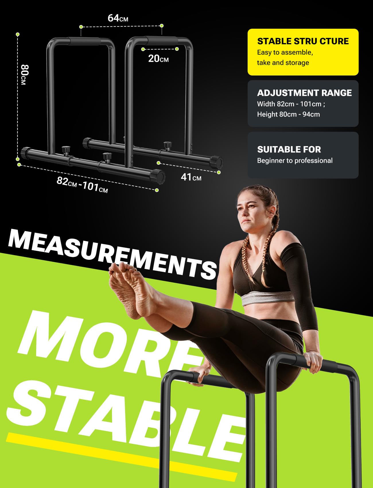 Yoleo Adjustable Dip Bars - 500kg Dip Station, portable, functional, fitness bar with safety lock, sturdy Dip Stand, body press, parallette exercise bar for calisthenics.