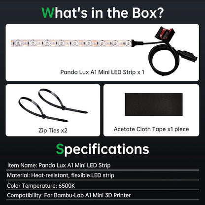BIQU Panda Lux, LED light bar compatible with Bambu-Lab A1 Mini 3D printer, LED light strip upgrade kit, easy installation, high brightness, control via standard screen.