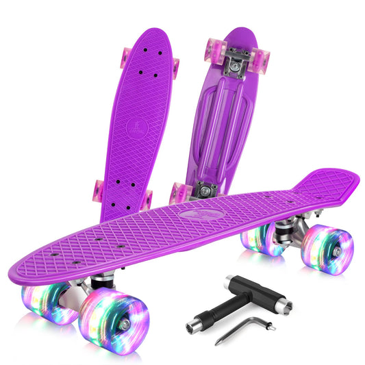 BELEEV Kids Skateboard 22 Inch with LED Light Up Wheels, Complete Mini Cruiser Skateboard for Kids Teenagers Adults, LED Light Up Wheels with All-in-one Skate T-Tool for Beginners