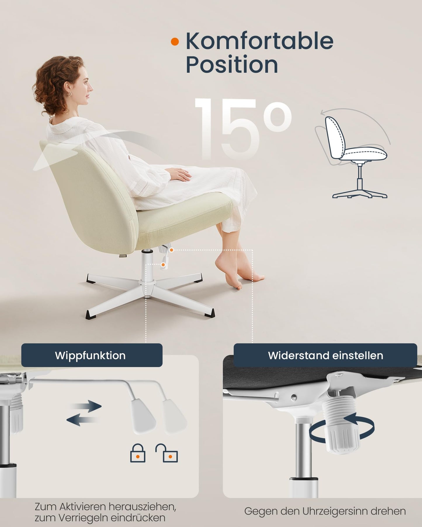SONGMICS HOME Tailor's Chair, Makeup Chair, Armless Swivel Chair, Desk Chair, Wide Seat, Modern with Cross Base, Adjustable Height, Tilt Function, Cream White OBG046W01