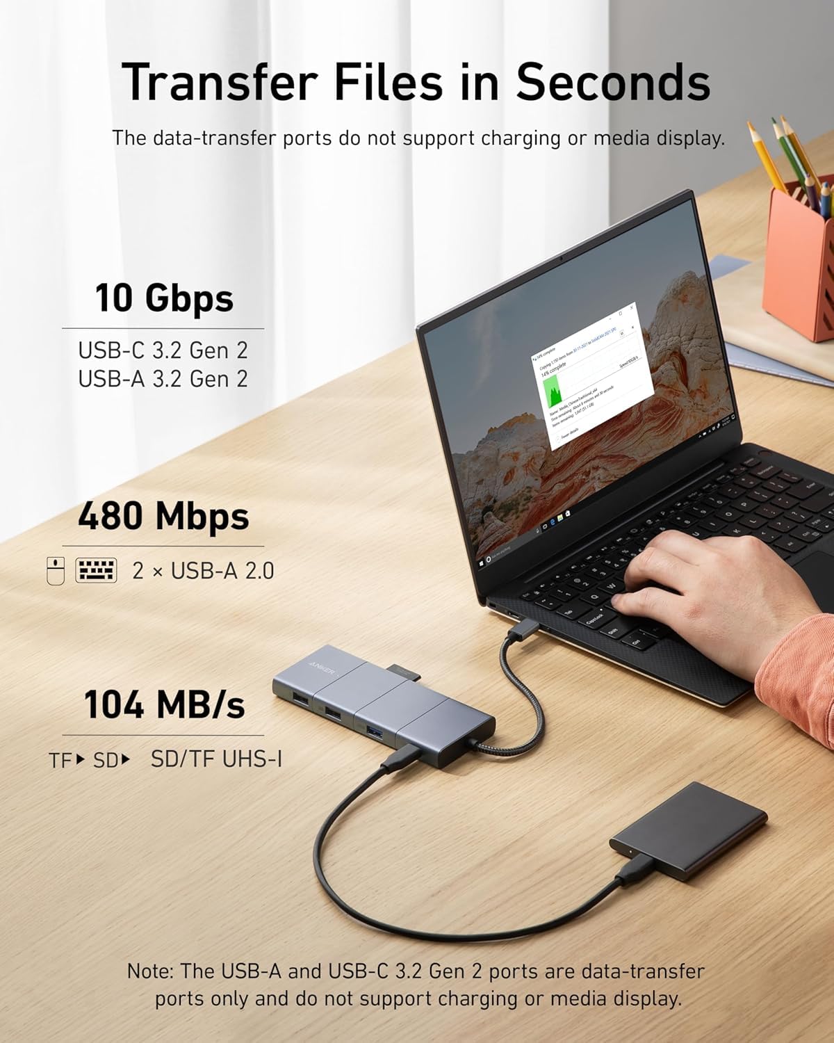 Anchor 565 11-in-1 USB-C Hub, docking station with 10 Gbps USB-C & USB-A data ports, 4K HDMI, DisplayPort, 100W PD, 2 USB 2.0 data, Ethernet, AUX, microSD & SD, for MacBook Pro and more.
