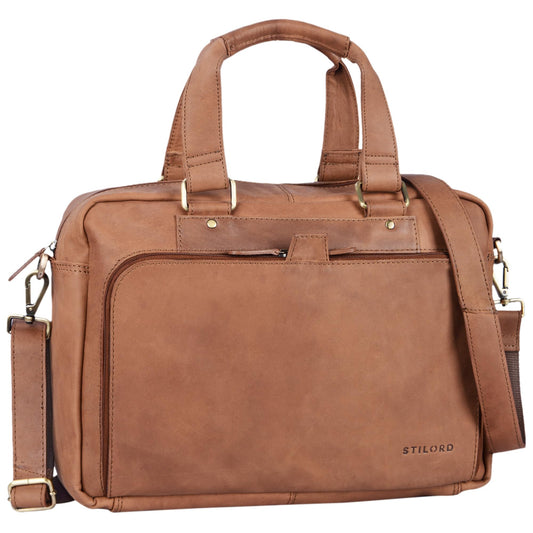 STILORD 'Jon' Vintage Leather Shoulder Bag Men Women Laptop Bag 15.6 Inch for large DIN A4 files Business Office Work Uni genuine buffalo leather, Color: saddle brown