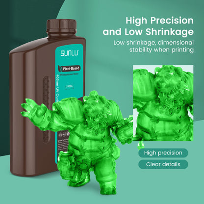 SUNLU 3D Printer Plant Based Resin, 1KG 405nm UV Odorless Eco Resin for 4K/8K LCD/DLP/SLA Resin 3D Printers, Environmentally Friendly 3D Printing Resin, Low Shrinkage, Fast Curing, Clear Green 1000g