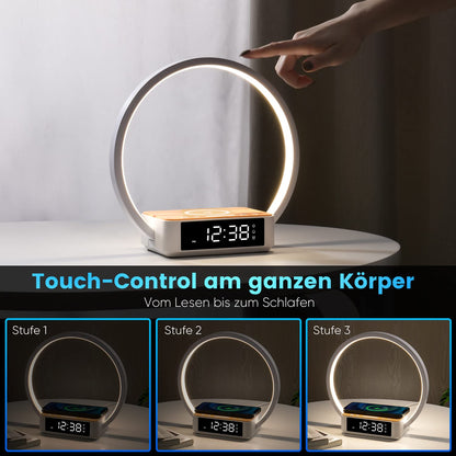 WILIT LED bedside lamp with charging function, light alarm clock with clock, bedside lamps touch dimmer bedroom with 3 brightness levels, 10W wireless charger, wood