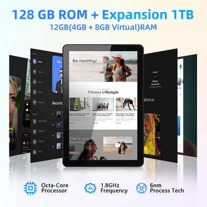 Rebecco 10-inch Tablet, Android 14 Tablet with Bluetooth 5.4, 12GB RAM+128GB ROM (expandable to 1TB), Octa-Core Android 14, 1280x800 IPS HD Touchscreen, WiFi 6, Dual Camera, 6000mAh battery, Widevine L1.