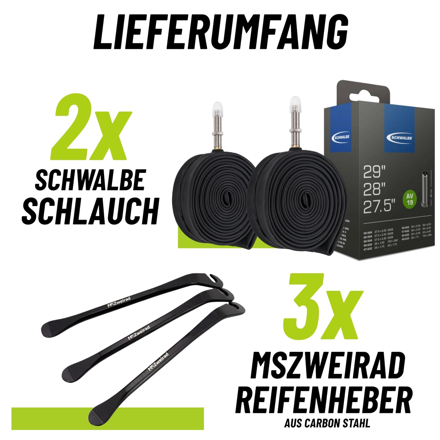 2-pack Schwalbe bicycle tube AV19 40mm for 27.5 28 29 inches (40/62-584/635) including 3 MS bike tire levers