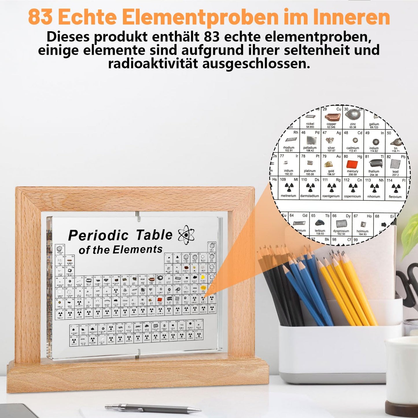 Periodic table with real elements (21 x 16 x 5.5cm), 360° rotatable acrylic periodic table with 83 real element samples, periodic table for educational purposes, great gift for teachers, students, and children.