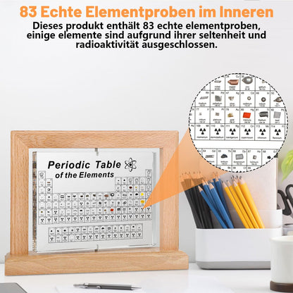 Periodic table with real elements (21 x 16 x 5.5cm), 360° rotatable acrylic periodic table with 83 real element samples, periodic table for educational purposes, great gift for teachers, students, and children.