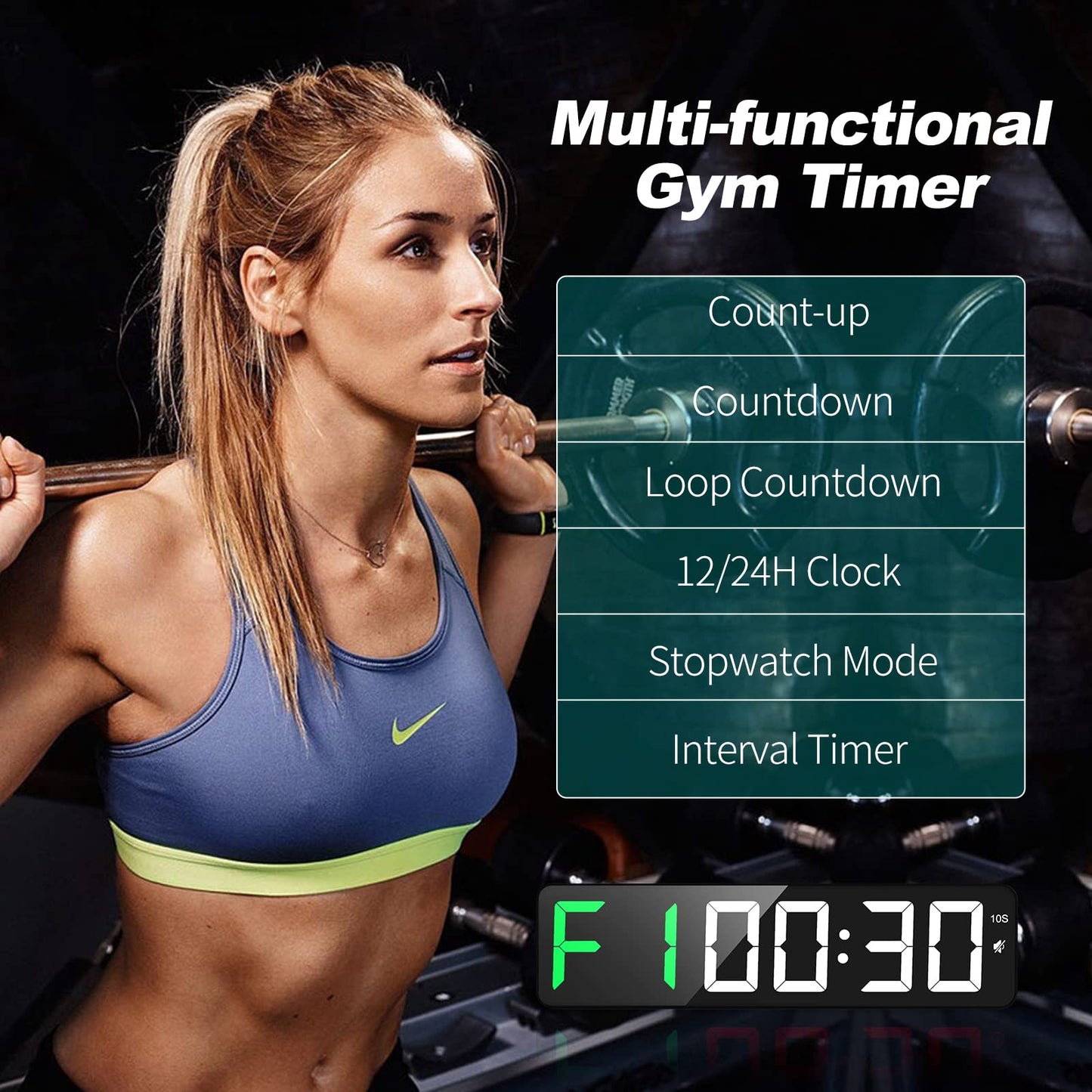 Gym Timer 15" Large LED Display Wall Clock|Interval Workout|Countdown & Up|Stopwatch|12 Adjustable Volume|3 Installation Options|Digital Timer for Fitness Home Garage Gym and Outdoor Sport