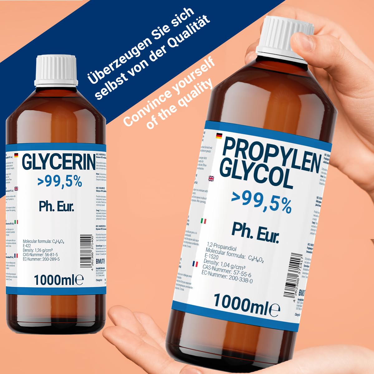 1000ml glycerin + 1000ml propylene glycol in pharmaceutical grade | >99.5% | pure | E422 + E1520 DIY
