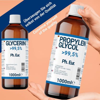 1000ml glycerin + 1000ml propylene glycol in pharmaceutical grade | >99.5% | pure | E422 + E1520 DIY
