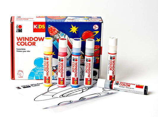 Marabu 0306000000001 - Kids Window Color Space, water-based paint, removable on smooth surfaces like glass, mirrors, tiles, and film, 6 x 25 ml paint, coloring template A3 with 18 designs and film A4.