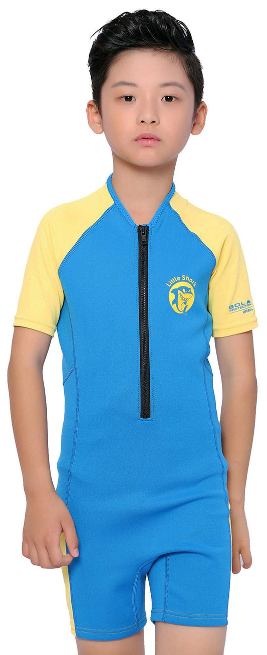 Cressi Little Shark Jr Shorty 2mm - Short sleeve wetsuit for kids, Aquamarine/Yellow, 13/14 years