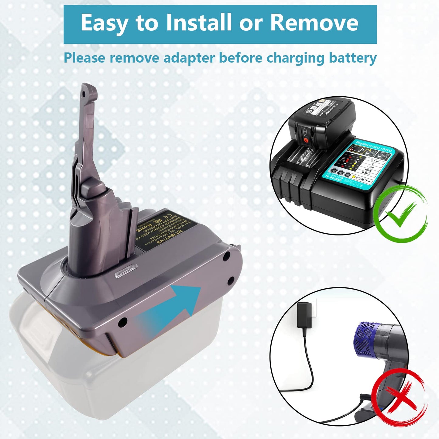 Adapter MT18V7/V8 allows you to use Makita 18V Lithium Battery on Dyson V7 V8 Animal Fluffy Motorhead Handheld Vacuum.