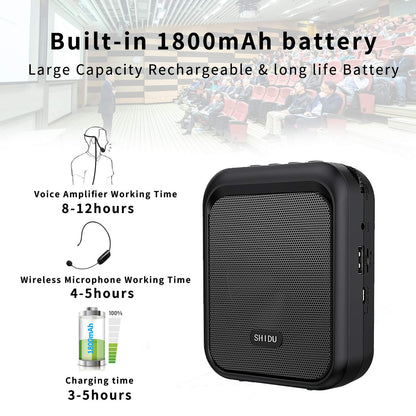 SHIDU Voice Amplifier Portable Bluetooth Speaker with wireless UHF Microphone Headset 10W 1800mAh PA System Supports MP3 audio for teachers, taxi drivers, coaches, trainers, tour guides.