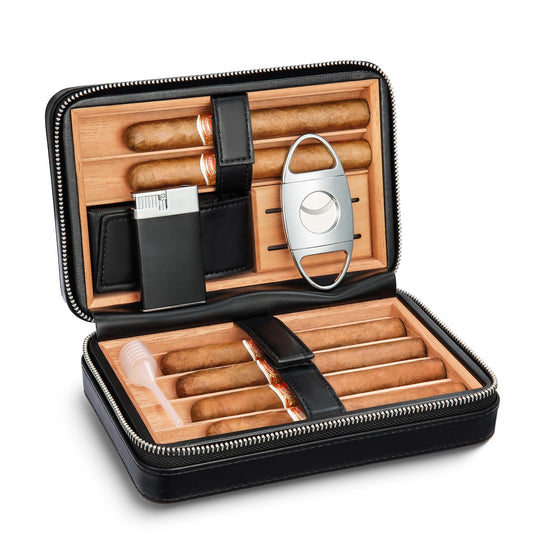 LEACHOI Leather Cigar Travel Humidor, cigar case with lighter and cigar cutter, cigar accessory set, cigar gift set, Holds up to 6 cigars.