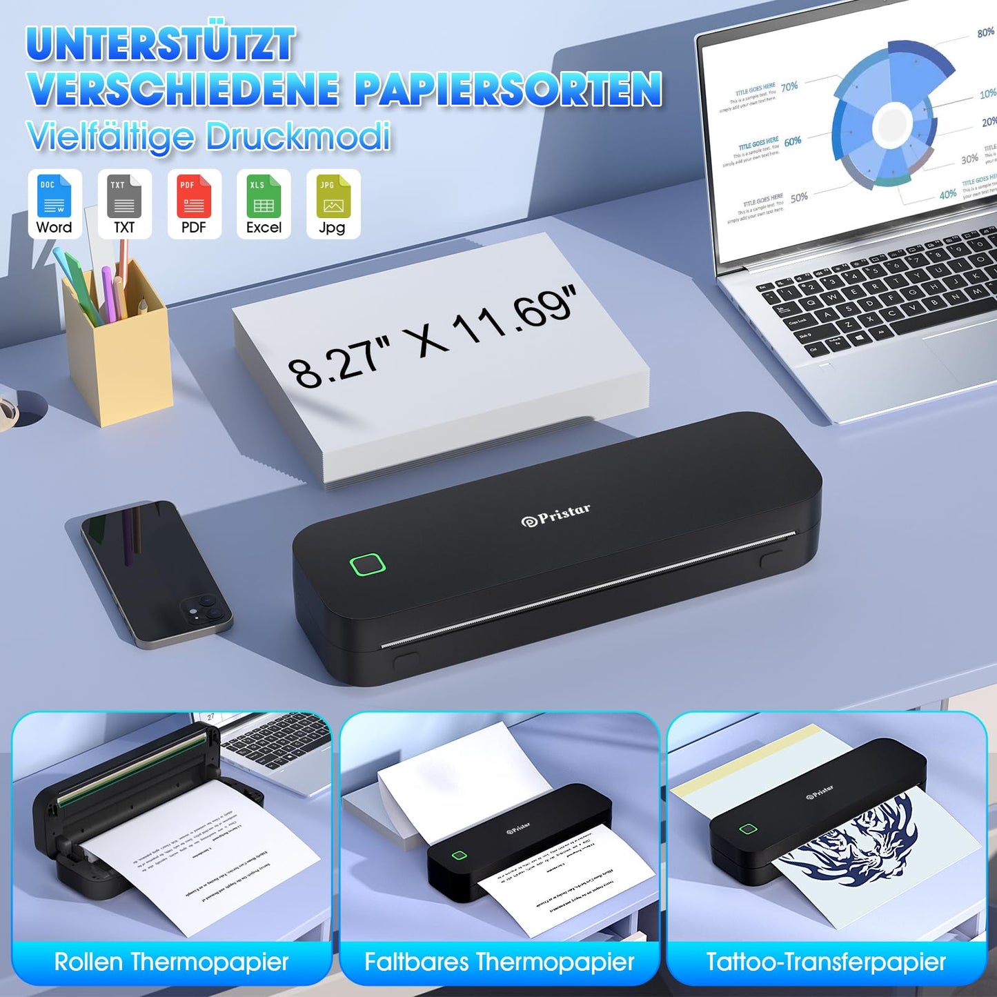 Pristar D210 thermal printer A4, portable printer compatible with iOS/Android and laptops, mobile printer A4 for on the go, office, car, school, home, Bluetooth thermal printer tattoo, black