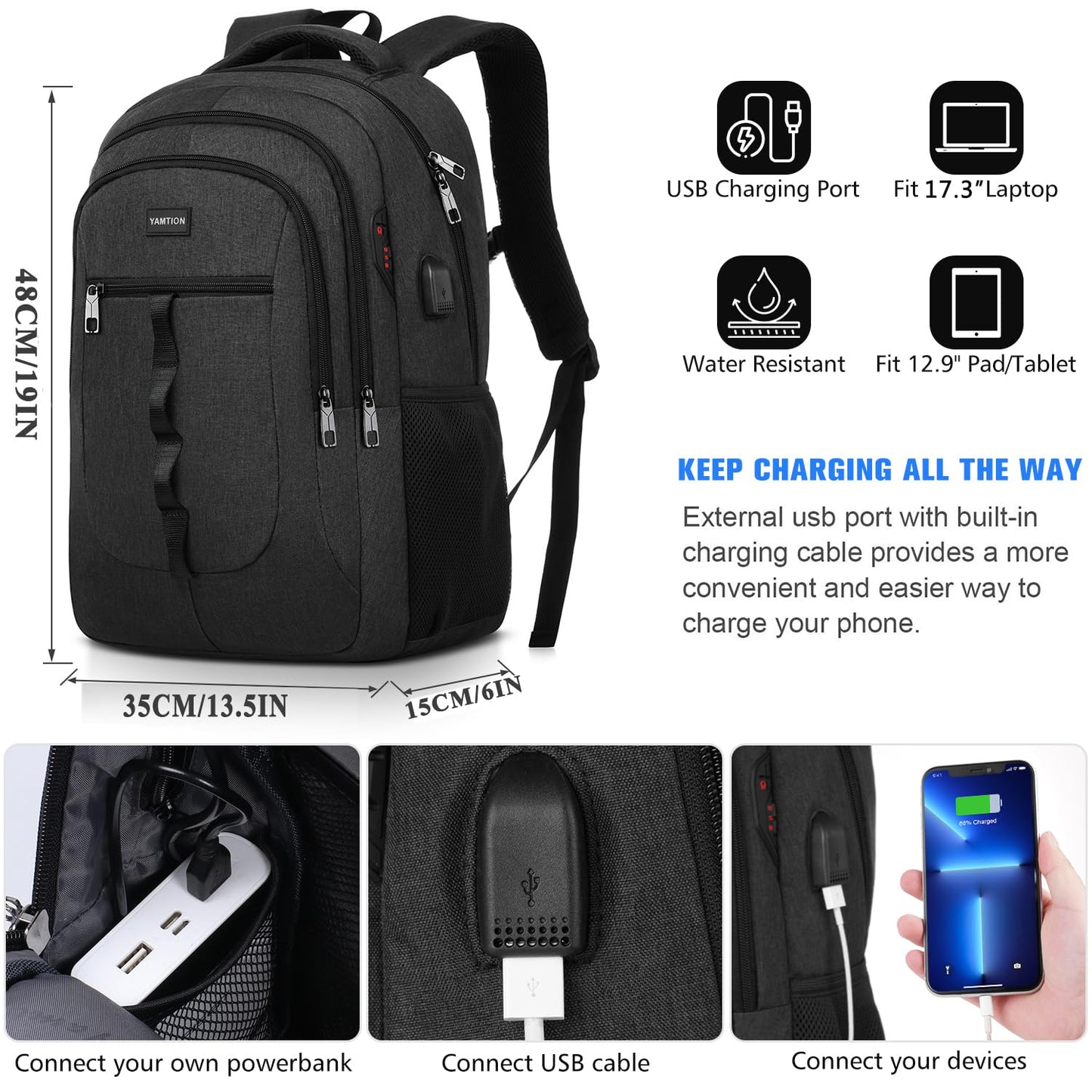 YAMTION Black Backpack for Men and Women, Unisex School Backpack for Teenage Boys Girls 17.3 Inch Laptop Backpack School Bag with USB for College School Work Office